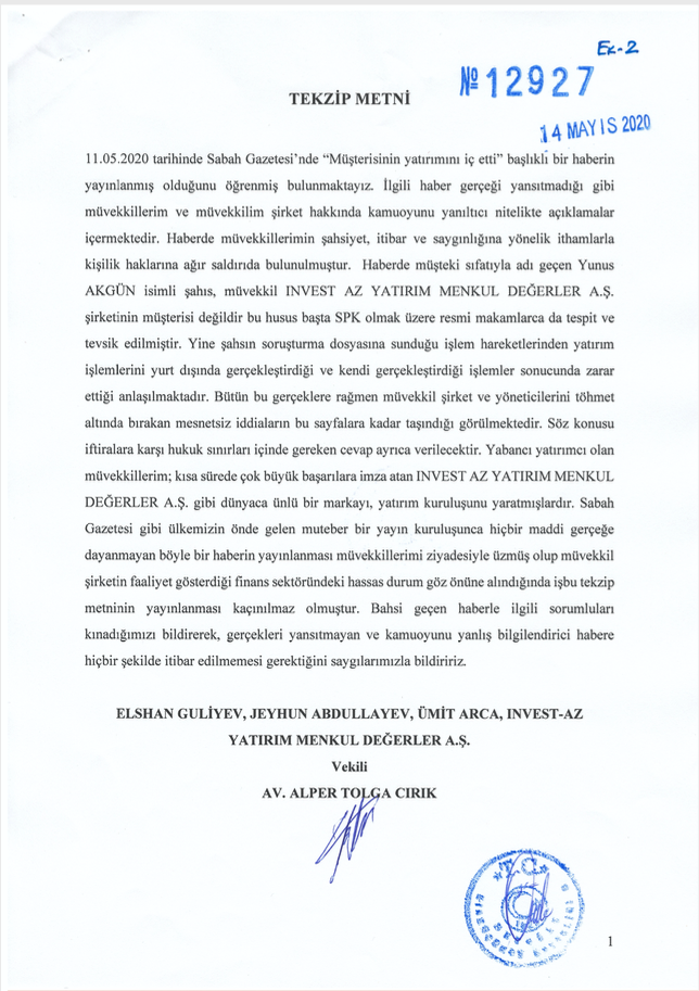InvestAZ - Sabah Gazetesi - Tekzip Metni